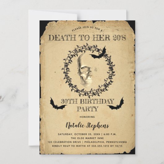 Skull Bats Death to her 20s Birthday Party Magnetische Uitnodiging (Voorkant)