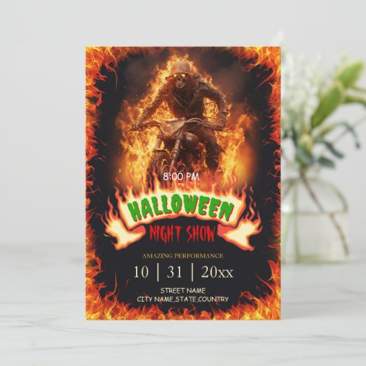 Skull Biker van Hell Halloween Flames Kaart (Staand voorkant)