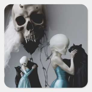 Skull Black Cat Shadow Work Occult Witchy AI Art Vierkante Sticker