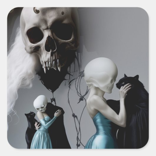Skull Black Cat Shadow Work Occult Witchy AI Art Vierkante Sticker (Voorkant)