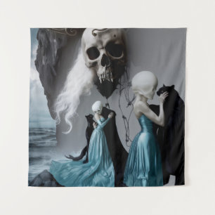 Skull Black Cat Shadow Work Occult Witchy AI Art Wandkleed