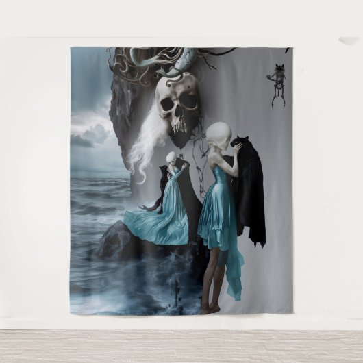 Skull Black Cat Shadow Work Occult Witchy AI Art Wandkleed (Voorkant)