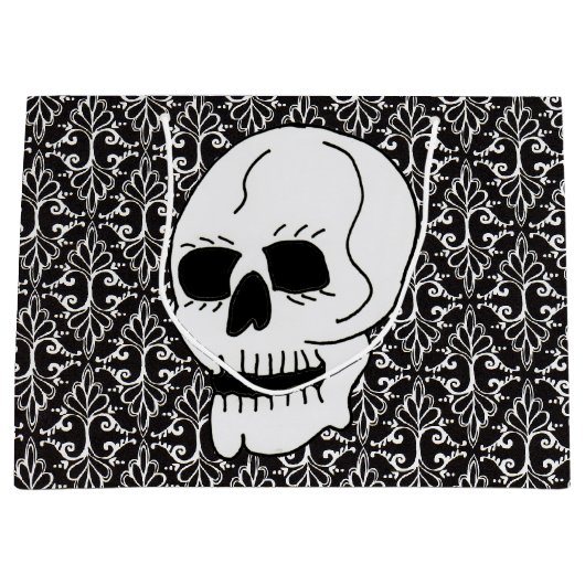 Skull Black White Damask Scroll Groot Cadeauzakje (Voorkant)
