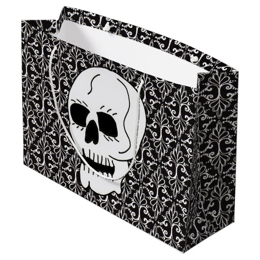 Skull Black White Damask Scroll Groot Cadeauzakje (Achterkant Gekanteld)