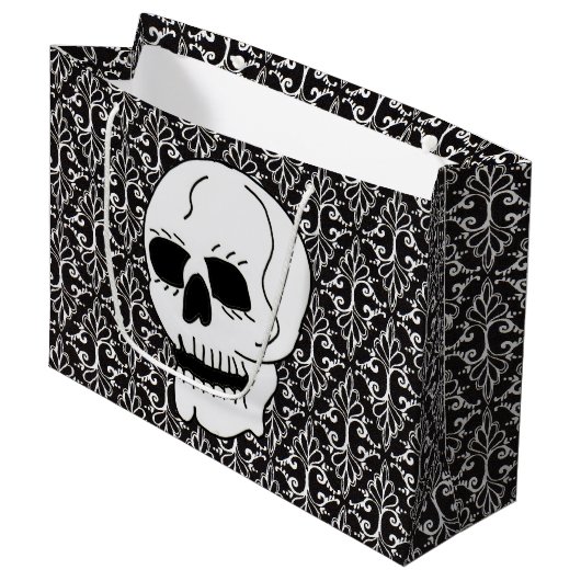 Skull Black White Damask Scroll Groot Cadeauzakje (Voorkant Gekanteld)