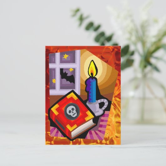 Skull Book, Candle Stick en Bat Outside Briefkaart (Staand voorkant)