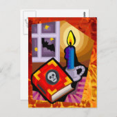 Skull Book, Candle Stick en Bat Outside Briefkaart (Voorkant / Achterkant)