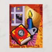 Skull Book, Candle Stick en Bat Outside Briefkaart (Voorkant)