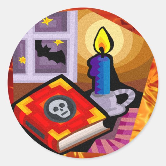 Skull Book, Candle Stick en Bat Outside Ronde Sticker (Voorkant)