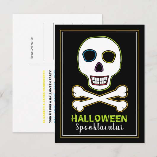Skull & Botten, Neon Halloween Party Invitation Aankondigingskaart (Voorkant / Achterkant)