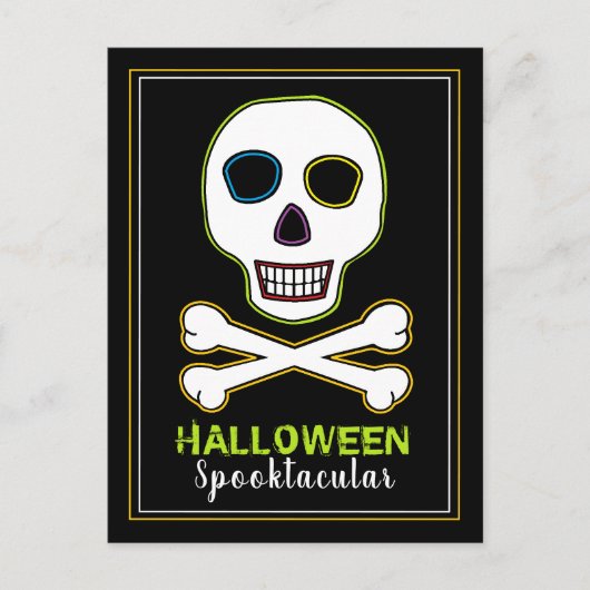 Skull & Botten, Neon Halloween Party Invitation Aankondigingskaart (Voorkant)