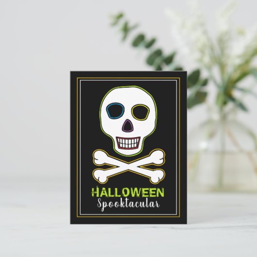 Skull & Botten, Neon Halloween Party Invitation Aankondigingskaart (Staand voorkant)