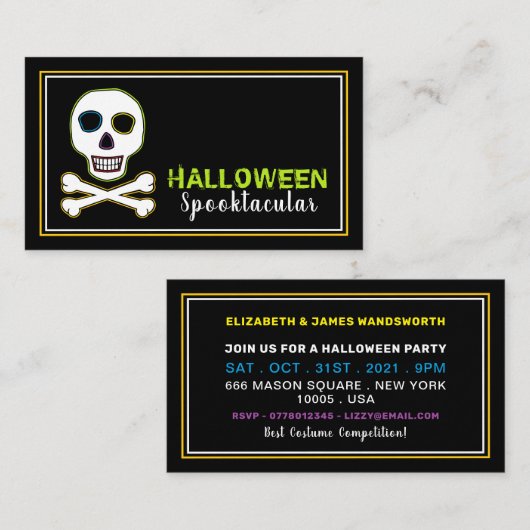 Skull & Botten, Neon Halloween Party Ticket Invite Informatiekaartje (Voorkant / Achterkant)