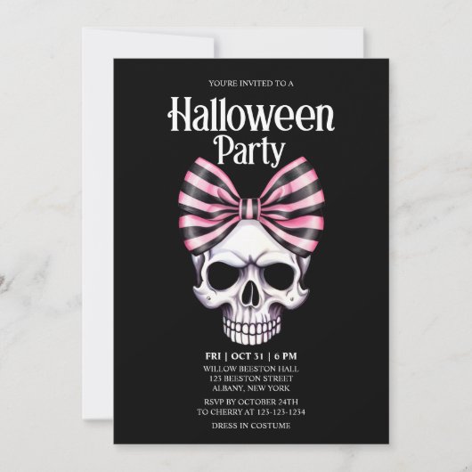 Skull Bow Stripes Roze Horror Halloween Party Kaart (Voorkant)