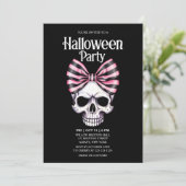 Skull Bow Stripes Roze Horror Halloween Party Kaart (Staand voorkant)