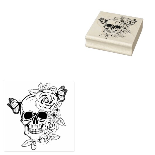 Skull Butterfly Floral Art Rubberstempel (Gestempeld)
