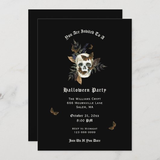 Skull Butterfly Halloween Party Invitation Kaart (Voorkant / Achterkant)