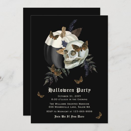 Skull Butterfly Pumpkin Halloween Party Invitation Kaart (Voorkant / Achterkant)