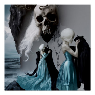 Skull Cat Shadow Work Witchy AI Art Semi-Gloss Perfect Poster