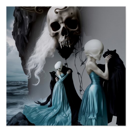 Skull Cat Shadow Work Witchy AI Art Semi-Gloss Perfect Poster (Voorkant)