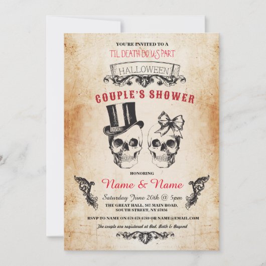 Skull Couples Shower Party Halloween Gothic Invite Kaart (Voorkant)