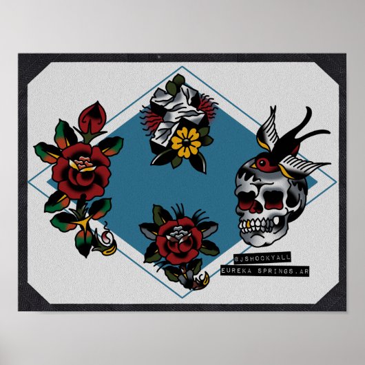 Skull Cross and Roses Traditional Tattoo Flash Poster (Voorkant)