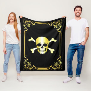 Skull Crossbones/Jolly Roger/Pirate/Gold/Black Fle Fleece Deken