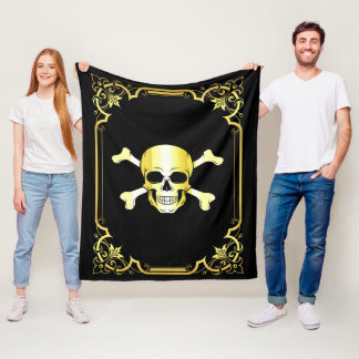 Skull Crossbones/Jolly Roger/Pirate/Gold/Black Fle Fleece Deken
