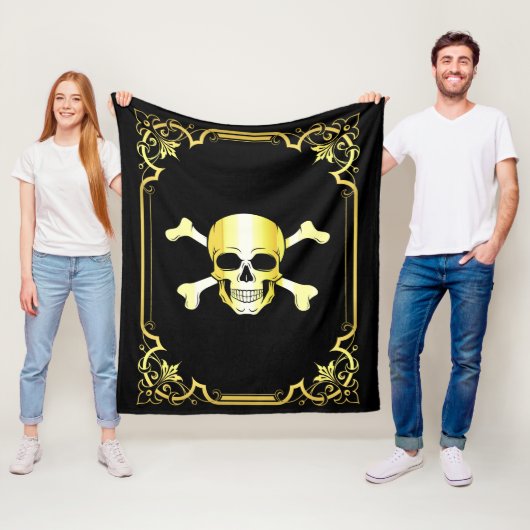 Skull Crossbones/Jolly Roger/Pirate/Gold/Black Fle Fleece Deken (In situ)