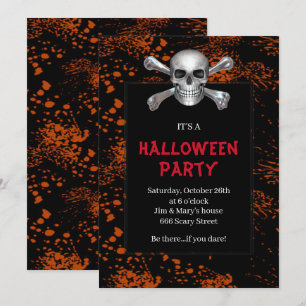 Skull Crossbones Oranje Splattered Halloween Party Kaart
