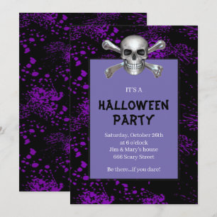 Skull Crossbones Paars Splattered Halloween Party Kaart