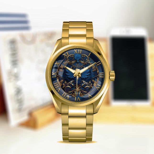 #Skull  decoratieve kunst met blauw en goud Horloge (Creator heeft geüpload)