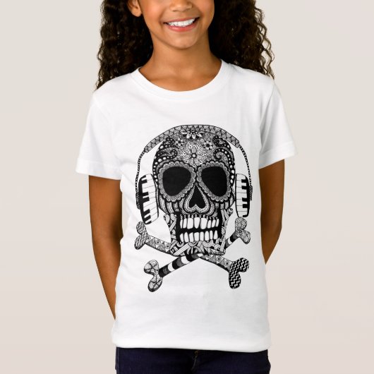 Skull en Crossbones met Headphones Girls Shirt (Voorkant)