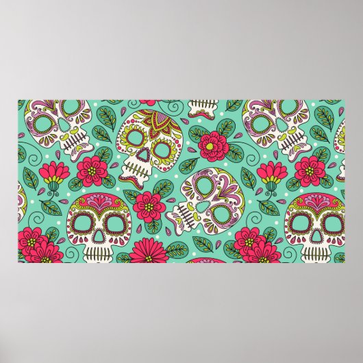 Skull en Flowers. Naadloze achtergrond. Mexicaanse Poster (Voorkant)