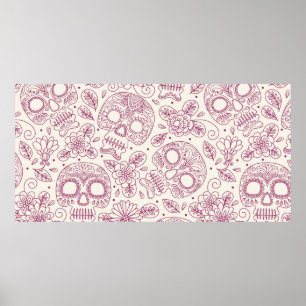 Skull en Flowers. Naadloze achtergrond. Mexicaanse Poster