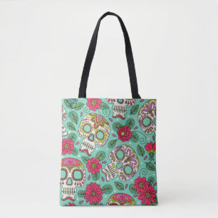 Skull en Flowers. Naadloze achtergrond. Mexicaanse Tote Bag