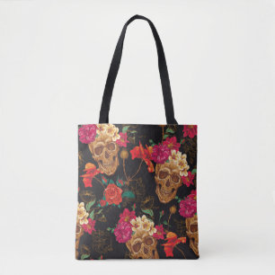Skull en Flowers naadloze achtergrond Tote Bag