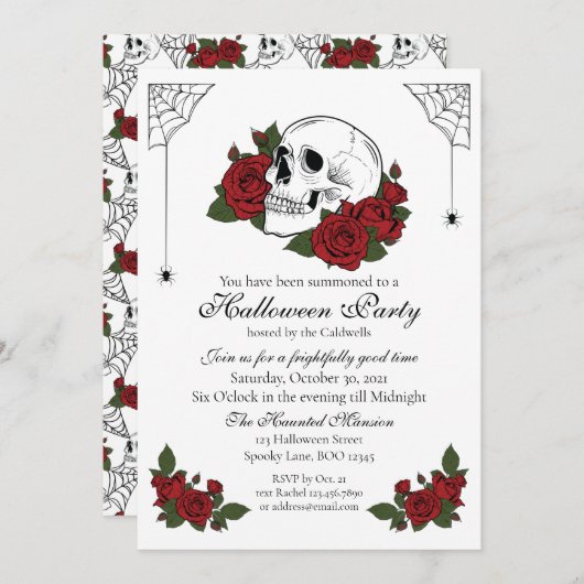 Skull en Rozen Gothic Halloween Invitation Kaart (Voorkant / Achterkant)