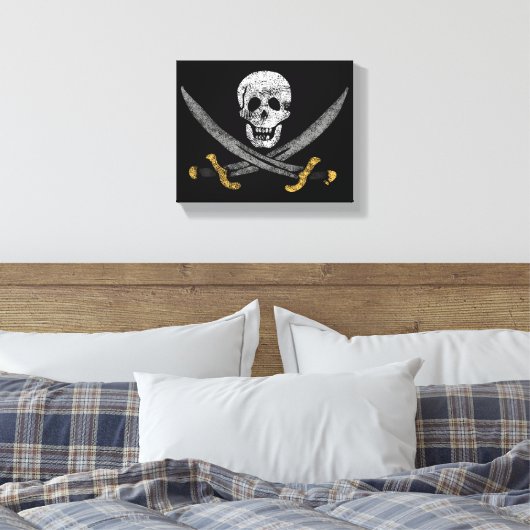 Skull en Swords Jolly Roger Pirate Flag Canvas Afdruk (Insitu (Slaapkamer))