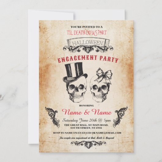 Skull Engagement Party Halloween Gothic Invite Kaart (Voorkant)