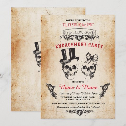 Skull Engagement Party Halloween Gothic Invite Kaart (Voorkant / Achterkant)