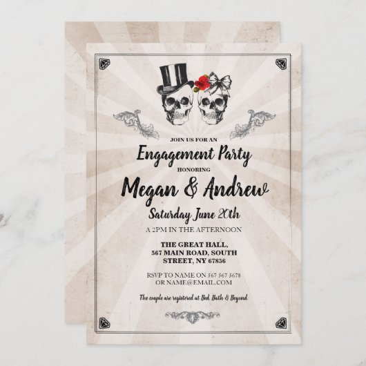 Skull Engagement Party Halloween Wedding Invite Kaart (Voorkant / Achterkant)