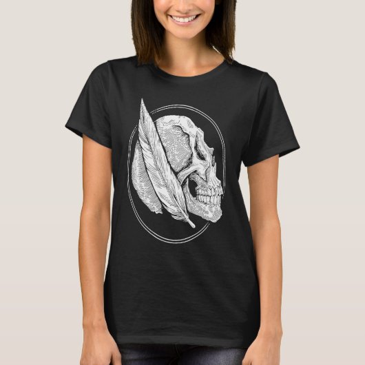 Skull Feather Gothic Blackwork Traditioneel Tattoo T-shirt (Voorkant)
