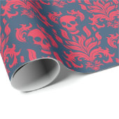 Skull Flame Damask in botsend rood op blauw Cadeaupapier (Rol Hoek)