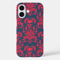 Skull Flame Damask in botsend rood op blauw