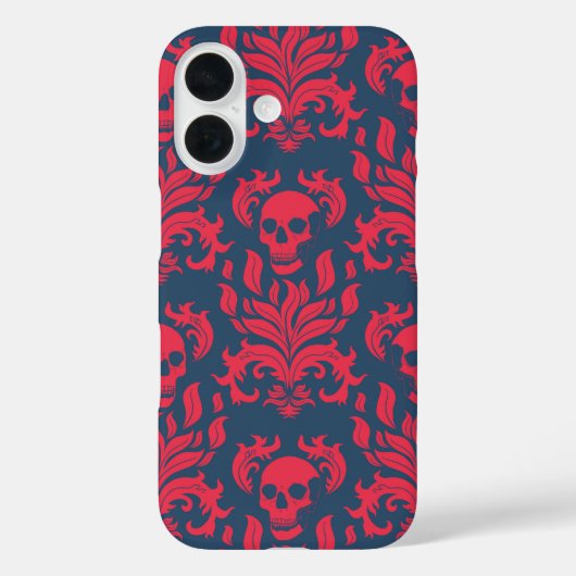 Skull Flame Damask in botsend rood op blauw Case-Mate iPhone Case (Achterkant)