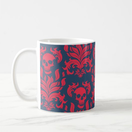 Skull Flame Damask in botsend rood op blauw Koffiemok (Links)