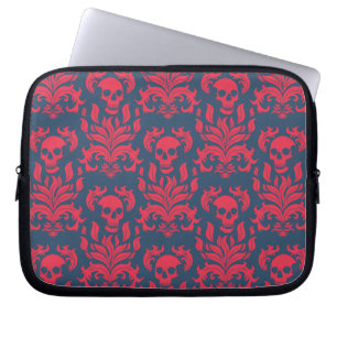 Skull Flame Damask in botsend rood op blauw Laptop Sleeve