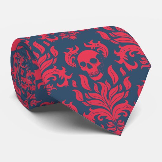 Skull Flame Damask in botsend rood op blauw Stropdas (Opgerold)