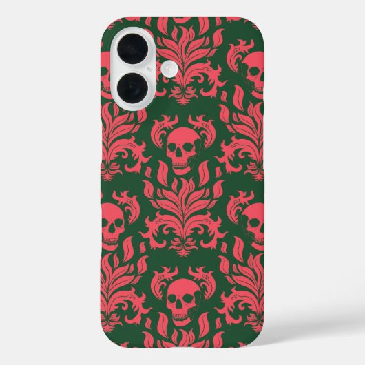 Skull Flame Damask in botsend roze op donkergroen Case-Mate iPhone Case (Achterkant)